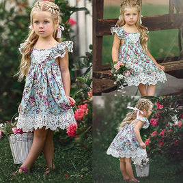 Girls' European And American Summer Flying Sleeve Off-shoulder Broken Flowers Print Lace Dress Children's Clothing Ins Tummytastic