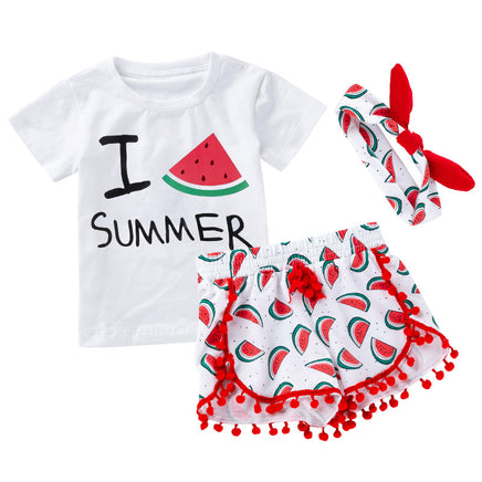 Summer Baby Girl Beach Short-sleeved T-shirt Shorts Hairband Set Tummytastic