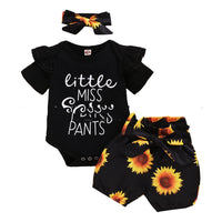 
              Baby Short-sleeved Letter Print Tops Shorts Hairband Three Pieces Set Tummytastic
            